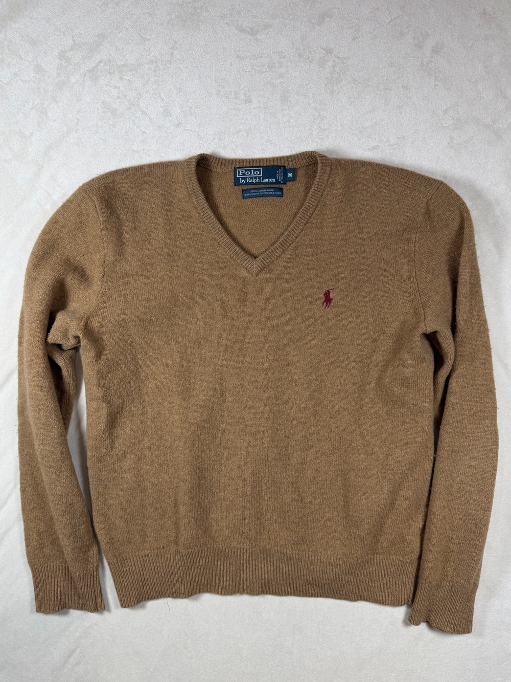 Polo Ralph Lauren 100% Lambswool Medium Men's V-Neck Sweater in Camel Red Pony